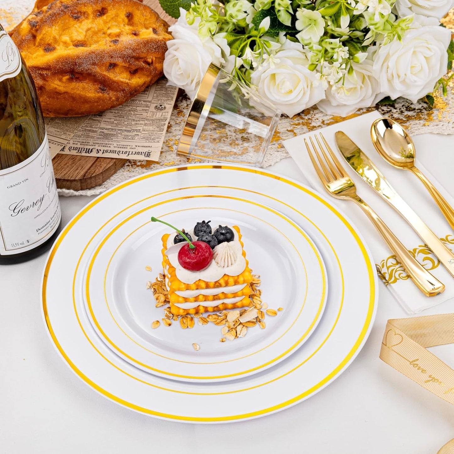 I00000 350Pcs Gold Dinnerware Set for 50 Guests, Gold Plastic Plates for Party, Include: 100 Disposable Plastic Plates, 50 Paper Napkins, 50 Cups, 50 Silverware Set Perfect for Party & Wedding