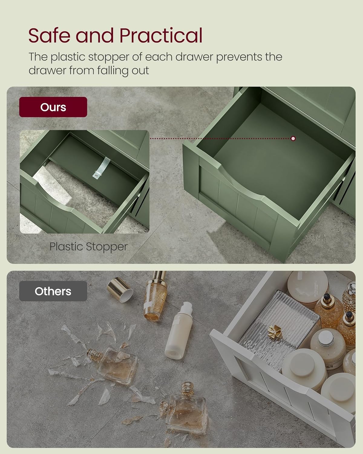 VASAGLE Floor Storage Cabinet, Freestanding Storage Unit with 3 Drawers, 1 Adjustable Shelf, for Bathroom Living Room Dining Kitchen, 11.8 x 23.6 x 31.5 Inches, Forest Green UBBC049C01