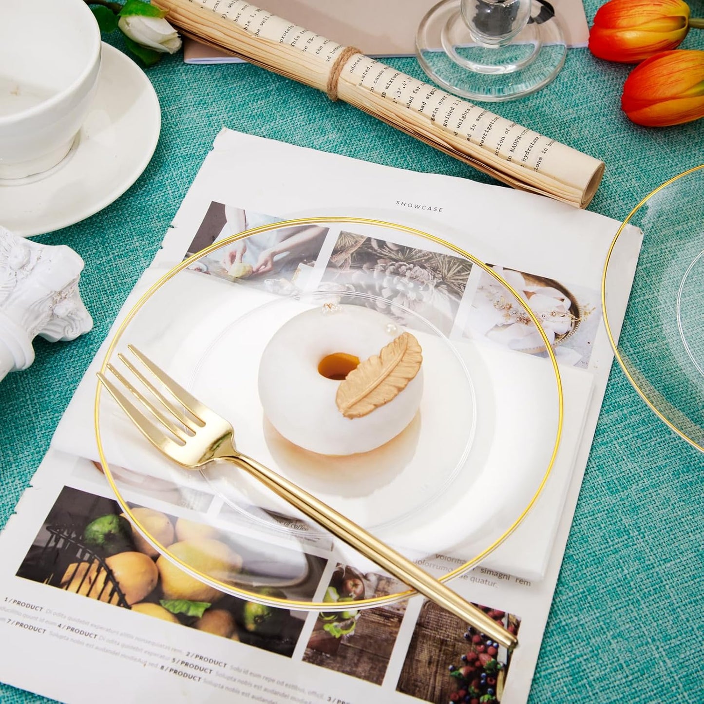 Rubtlamp 200Pcs Clear Gold Dessert Plates With Plastic Gold Forks, 100pcs 7.5inch Plates For Appetizers,100pcs 7.8inch Premium Forks Disposable, Cake Platos Disposable for Wedding