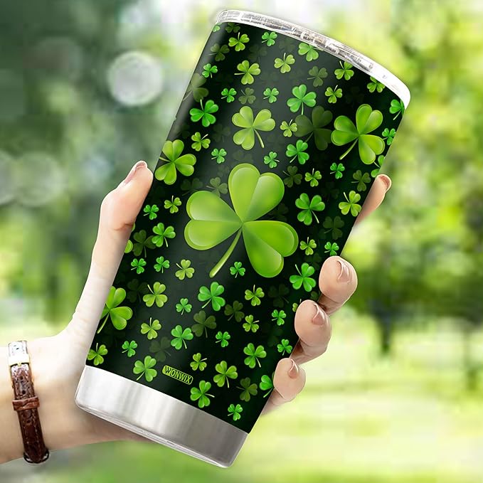 Personalized Green Irish Shamrocks Tumbler For Women with Lid Insulated 20 oz Stainless Steel Water Bottle Coffee Cup Travel Mug Gift For Mom Daughter Wife Girls