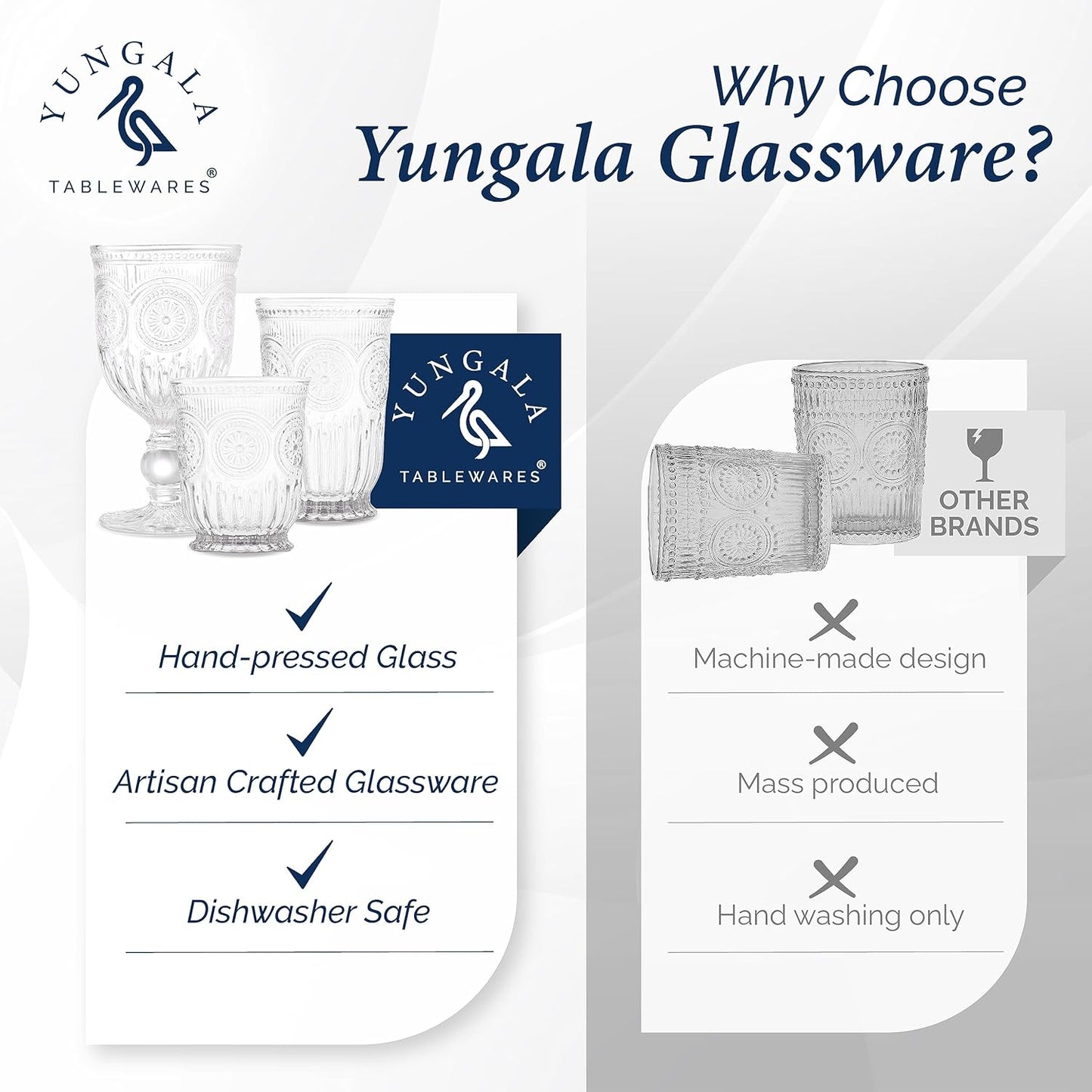 Clear Vintage Small Drinking Glasses set of 6 8oz glass cups with a unique footed design and pressed glass design