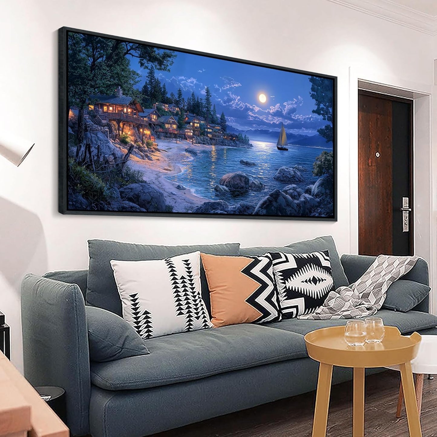 CHATYOUNG Coastal Living Room Wall Art, Large Blue Ocean Moon Night Seashore Canvas Black Framed Wall Pictures Modern Artwork Wall Painting for Bedroom Living Room Kitchen Home Office Decor 29x58 IN