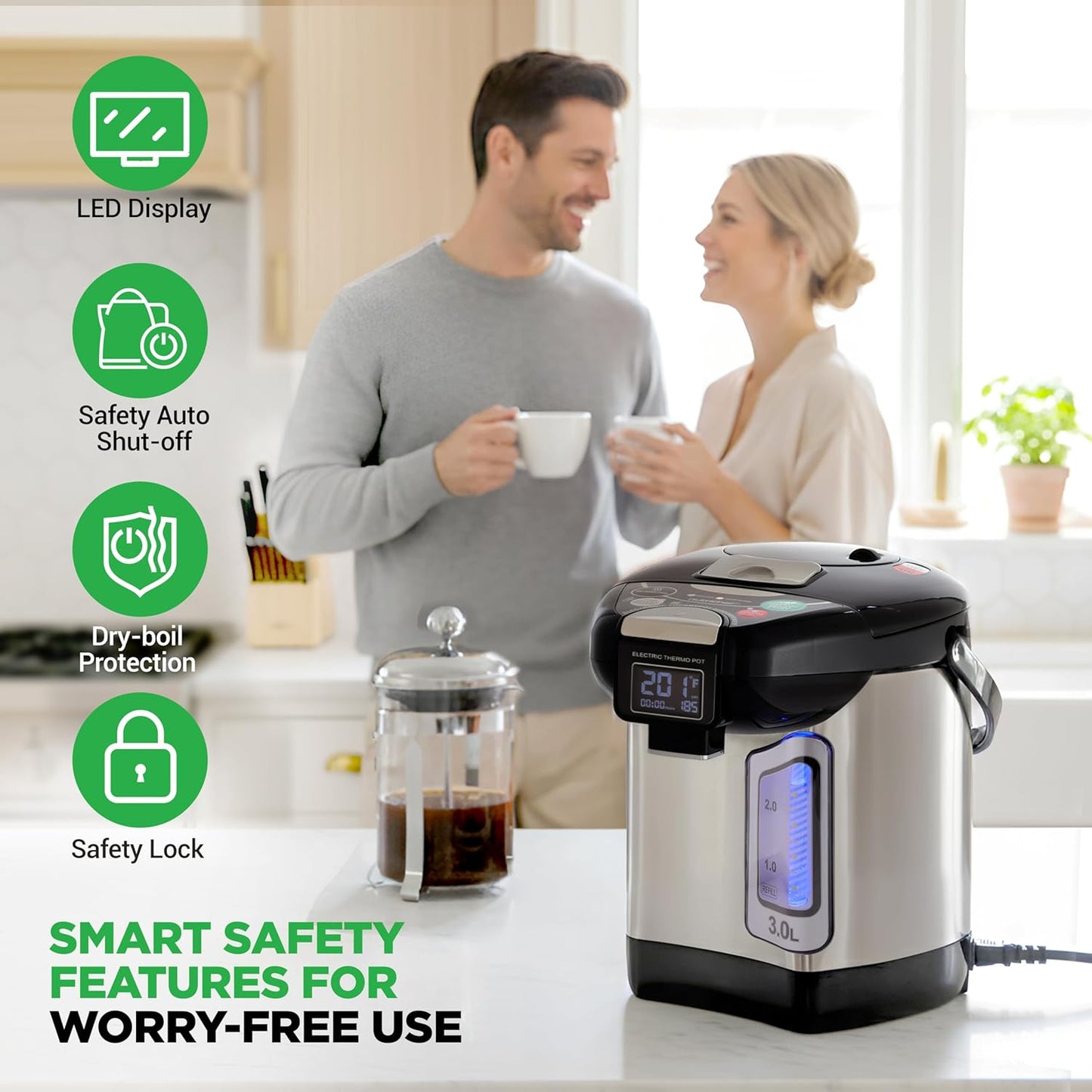 NutriChef Digital Water Boiler and Warmer - 3L/3.17 Qt Stainless Electric Hot Water Dispenser w/ LCD Display, Rotating Base, Keep Warm, Auto Shut Off, Safety Lock, Instant Heating for Coffee & Tea