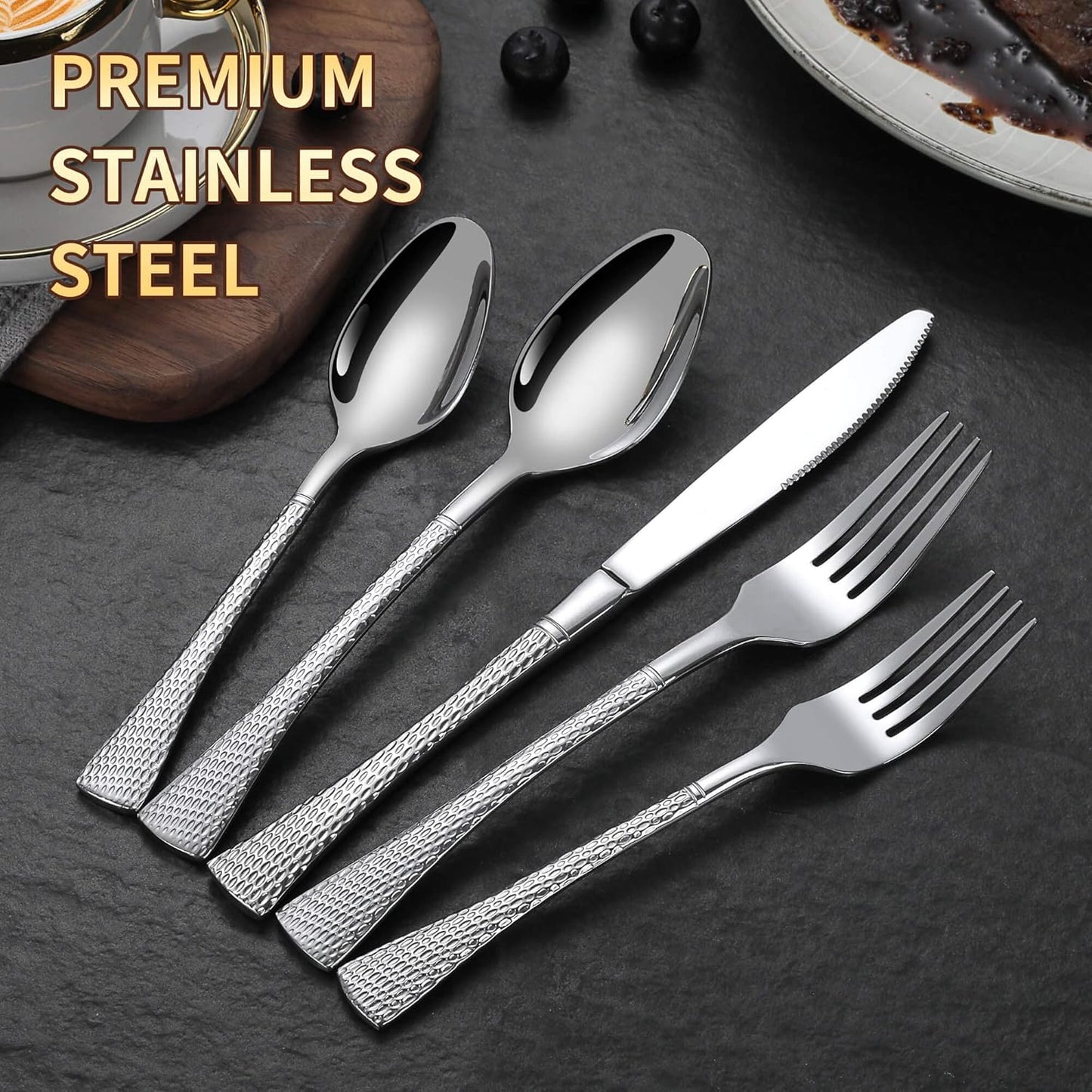 Lemeya Hammered Silver Silverware Set for 8,Stainless Steel 40-Piece Modern Cutlery Set,Mirror Polished Heavy Duty Flatware Set Utensil Set,Knives Spoons and Forks Set,Dishwasher Safe