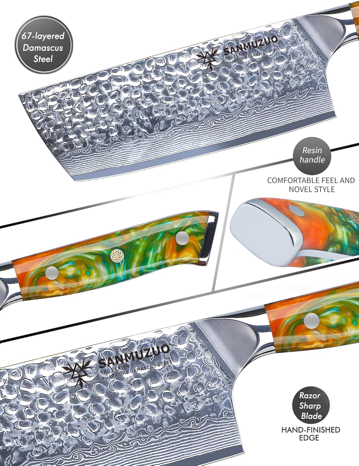 7" Nakiri Knife - Vegetable Cleaver Kitchen Knives - Japanese Usuba Knife - Hammered Damascus Steel & Resin Handle - YAO Series