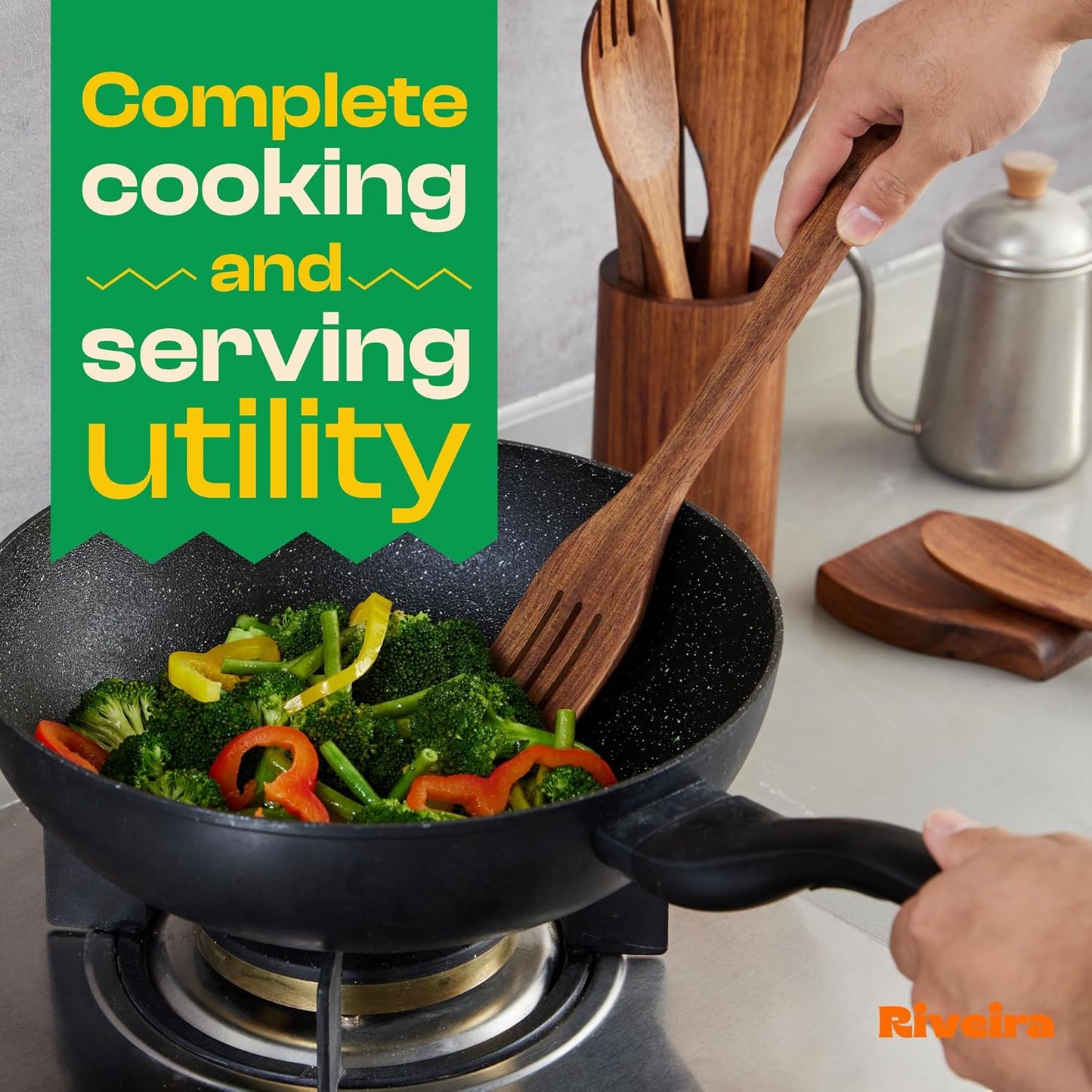 Riveira Teak Wooden Cooking Utensils Set of 6 Premium Quality Non-Toxic Wooden Spoons & Spatula for Cooking, Stirring & Serving