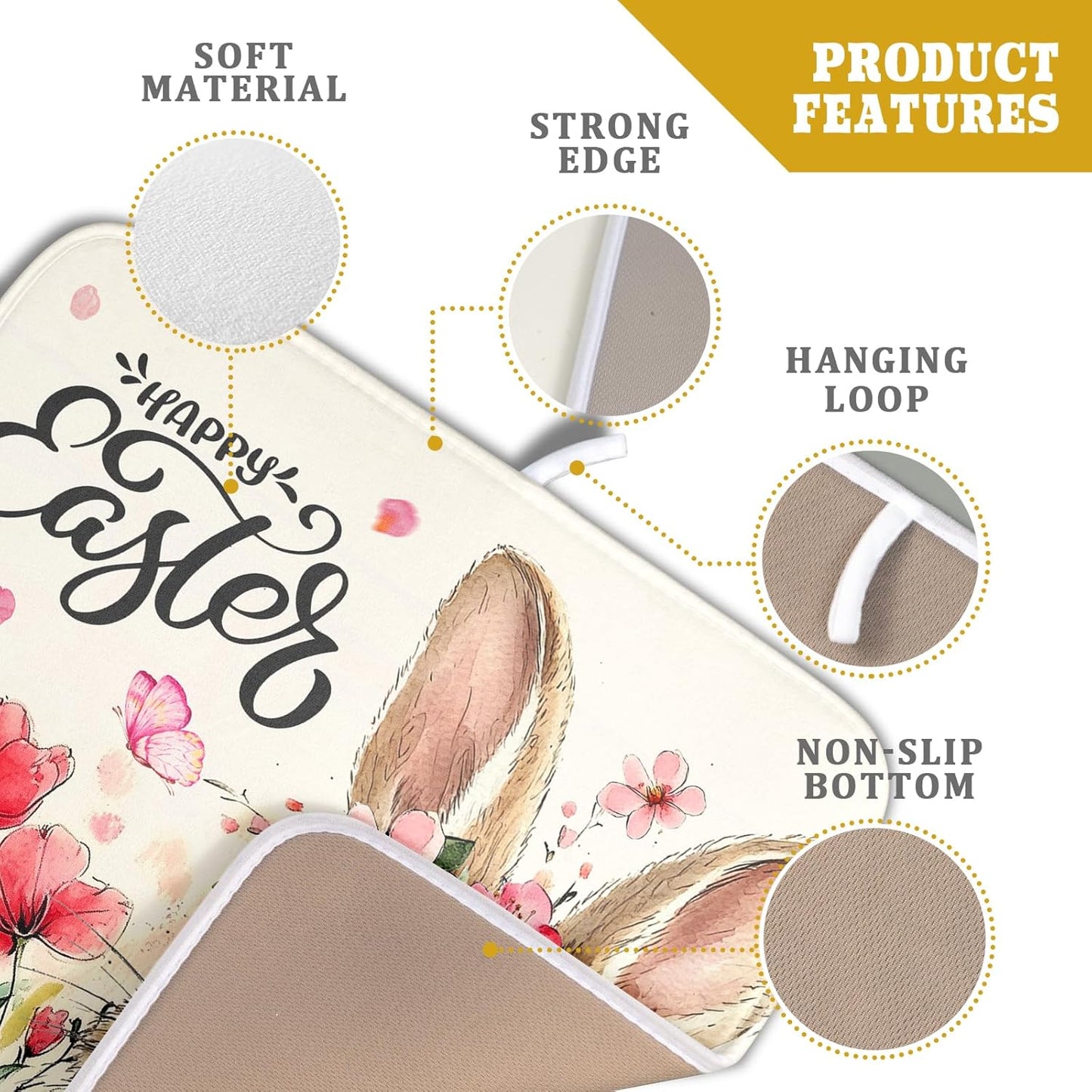 Easter Bunny Dish Drying Mats 16x18 Inch,Cute Rabbit Flowers Absorbent Microfiber Dishes Drainer Rack Mat Quick Dry Drying Pad for Countertop Sink Bar Utensils Holiday Decor