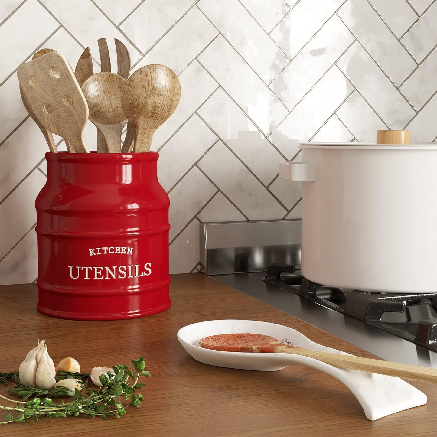 Barnyard Designs Ceramic Farmhouse Utensil Holder for Kitchen Counter, Large Rustic Utensil Crock, Countertop Cooking Tool Spatula Organizer, 6.75” (Red)