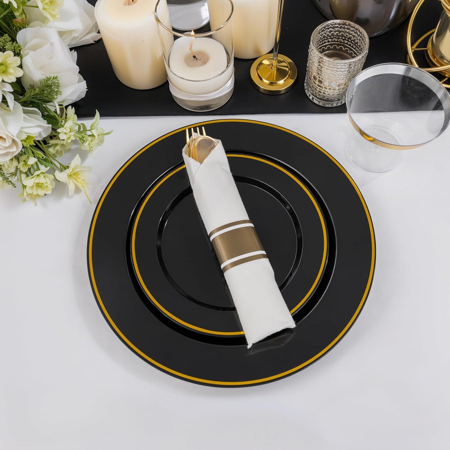 SUT 350 Pcs Black and Gold Plastic Dinnerware Set for 50 Guests, Include: 50 Dinner Plates, 50 Dessert Plates, 50 Pre Rolled Napkins With Silverware, 50 Cups, Disposable Plates for Halloween, Party