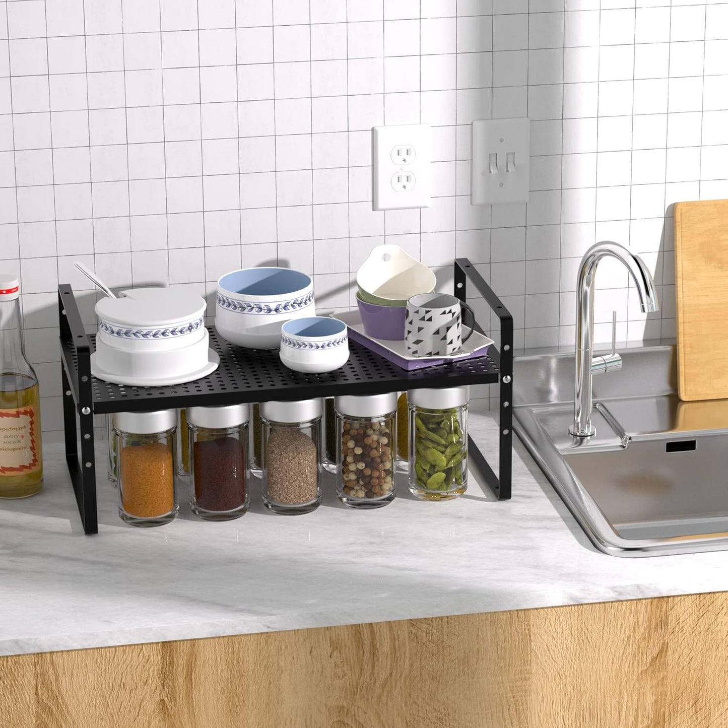 Redrubbit Expandable Cabinet Storage Shelf, Adjustable Height Steel Metal Kitchen Counter Organizers Shelves Spice Rack for Kitchen Pantry Bathroom Cupboard Desk Home Office, Black-1 Pack