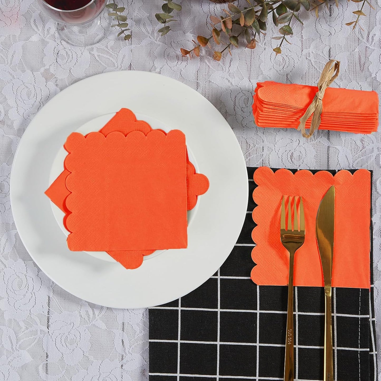 100 Pack Cocktail Napkin 2-Ply Scalloped Edged Dessert Napkins Folded 5 x 5 Inches Disposable Napkins for Dinner Wedding Birthday Party Bridal Anniversary Reception Event (Orange)