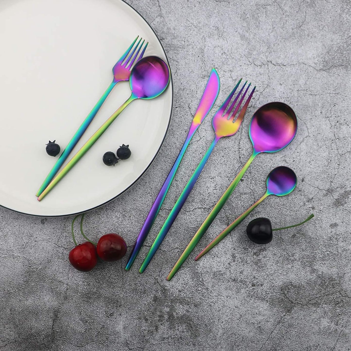 JASHII Flatware Silverware Set Stainless Steel Satin Finish Cutlery Set Service for 6, 30-Piece Spoons And Forks Kitchen Utensil Set, Dishwasher Safe (Matte Rainbow)