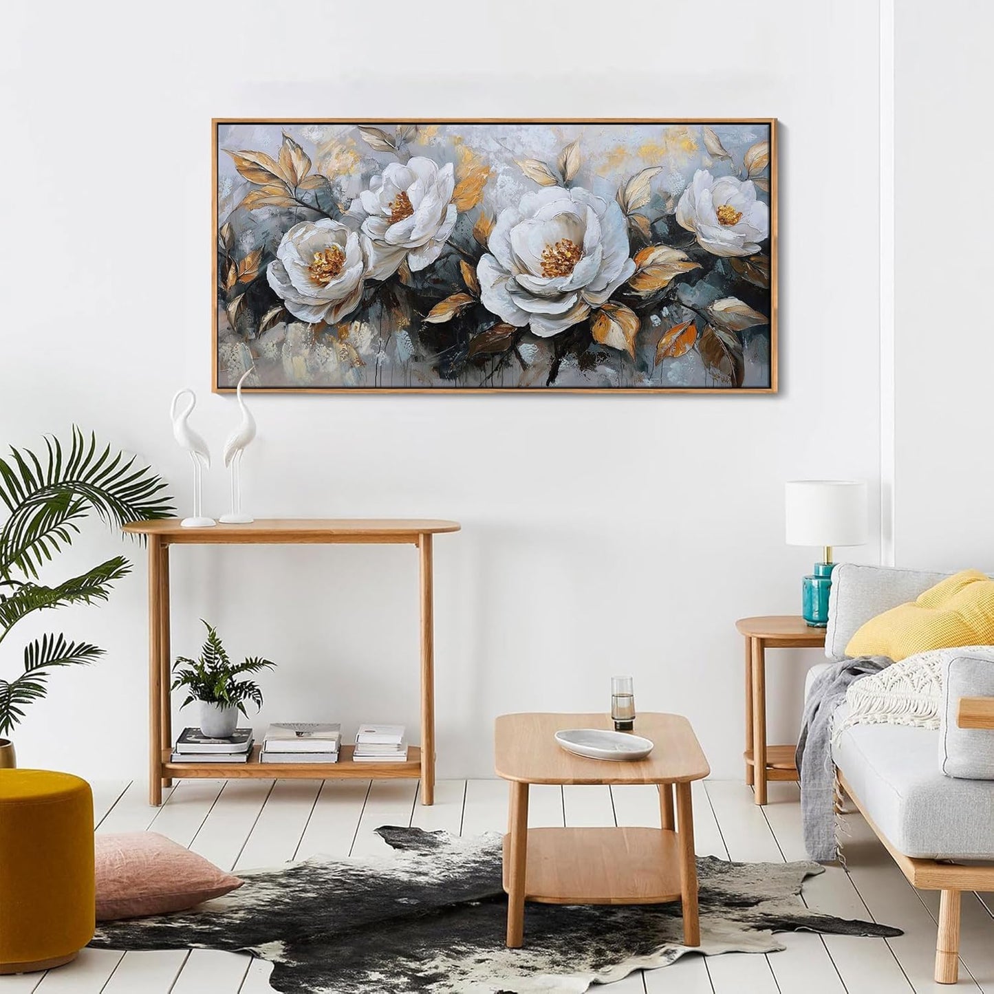 HKDGOKA Large Vintage Canvas Wall Art, White Gold Peony Flowers Paintings Abstract Floral Golden leaves Framed Artwork Picture for Living Room Bedroom Kitchen Home Office Decor 24x48 IN