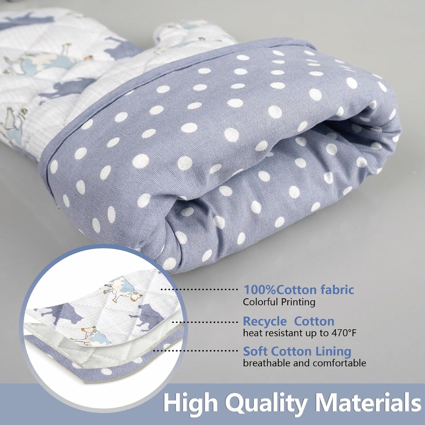 Oven Mitts Cotton Fashion Cute Cow Design 1pair Heat Resistant Oven Gloves Safe Cooking Baking Grilling Barbecue Machine Washable Pot Holders (Cow)