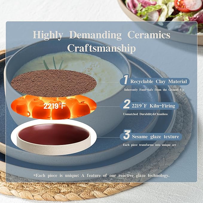 12 Pieces Dinnerware Sets,Plates and Bowls Sets,Handmade Reactive Glaze Dishes Set for 4 with at Least 10% Recycled Ceramic and the Raw Texture of the Clay (Reactive-Blue)
