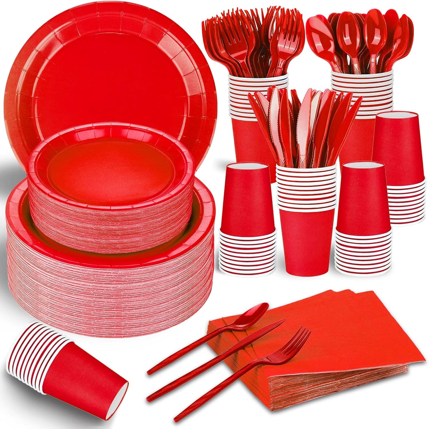 TWOWYHI 228PCS Red Party Supplies Set Include Paper Plates Cups Red Napkins Plastic Spoons Forks Knives for 30 Guests Disposable Party Dinnerware for Birthday Wedding Family Picnic