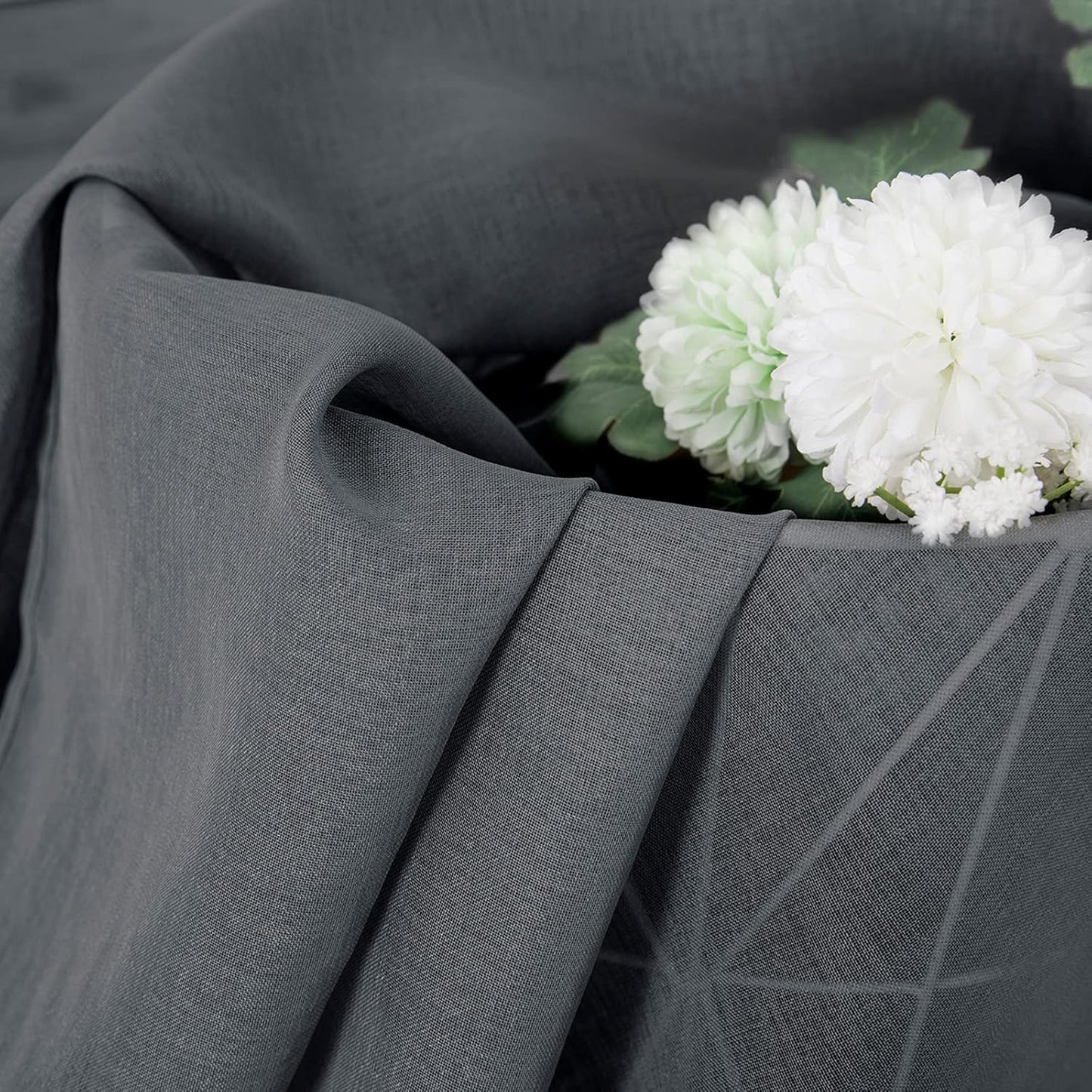 Tollpiz Short Sheer Curtains Linen Textured Living Room Curtain Sheers Light Filtering Rod Pocket Voile Curtains for Bedroom, 42 x 45 inches Long, Dark Grey, Set of 2 Panels