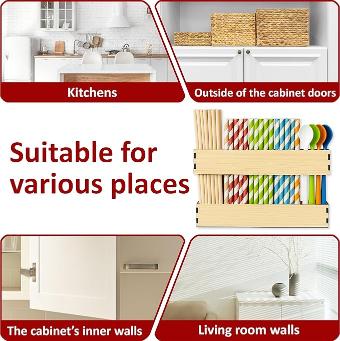 Wooden Straw Holder for Cabinet Door or Countertop Rustic Organizer & Dispenser for Reusable Tumbler Straws, Space-Saving Kitchen Accessories Container, Cupboard Storage (Wooden)