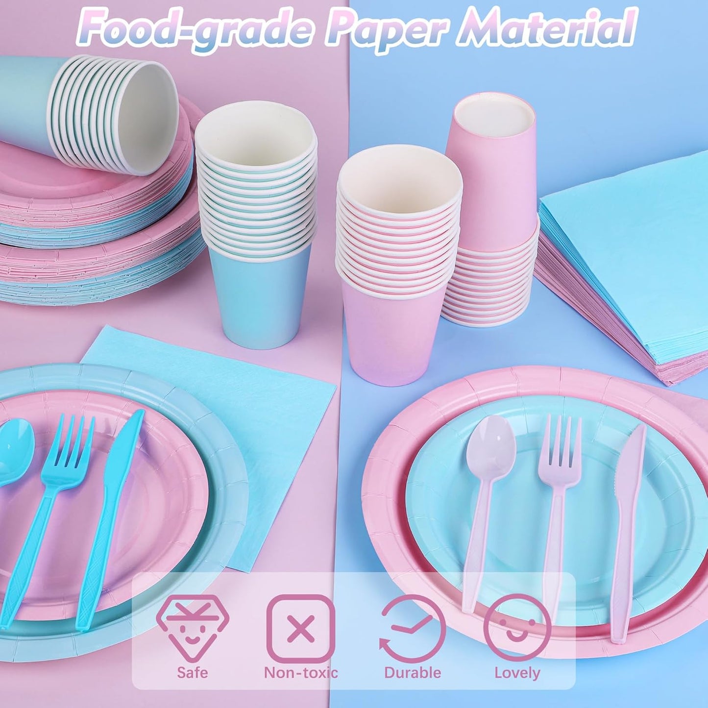 durony 350 Pieces Baby Gender Reveal Party Supplies Light Pink Light Blue Paper Plates Serve 50 Guests Boy or Girl Gender Reveal Plates Napkins Paper Cup Cutlery for 1st Birthday and Baby Shower Decor