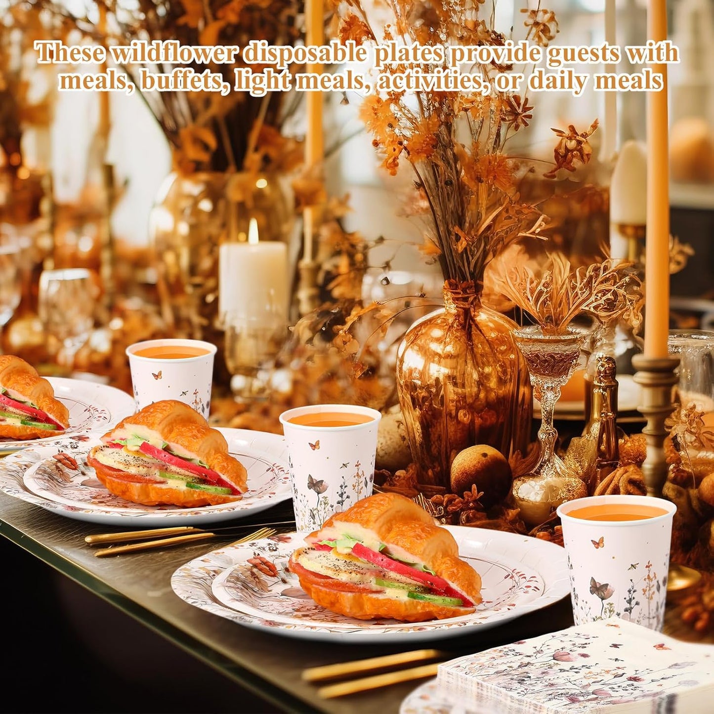 250 Pcs Wildflower Party Decorations Include Boho Autumn Fall Floral Paper Plates Napkins and Cups for Wildflower Baby Shower Tea Decorations, Serve 50 Guest