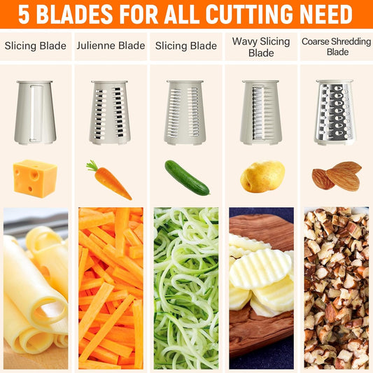 Rotary Cheese Grater Hand Crank with 5 Interchangeable Blades, Vegetable Slicer Chopper for Fruit Vegetable Nuts, Mandoline Slicer for Kitchen with Blades Rack & Suction Base, White