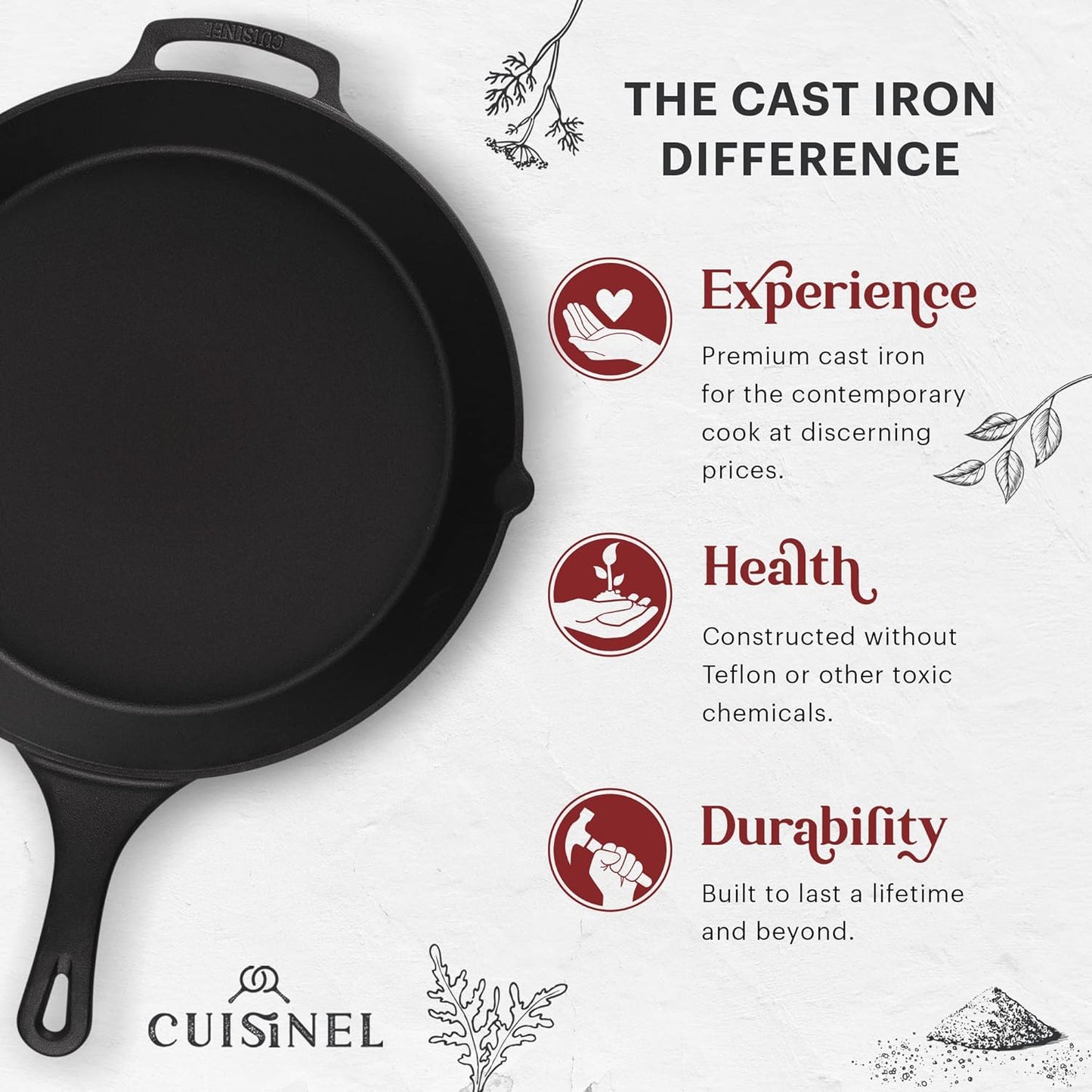 Cuisinel 15" Cast Iron Skillet + Glass Lid Cover + Black Pan Scraper + Silicone Handle Grip Cover - Pre-seasoned Kitchen Cookware - Indoor/Outdoor - Camping, Grilling, BBQ, Oven Use