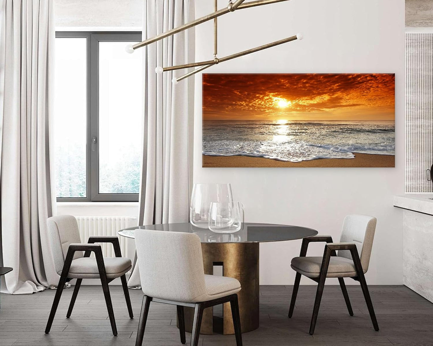Muolunna S04698 Canvas Prints Wall Art Sunset Ocean Beach Pictures Paintings for Living Room Bedroom Home Decorations Framed Ready to Hang Seascape Waves Artwork