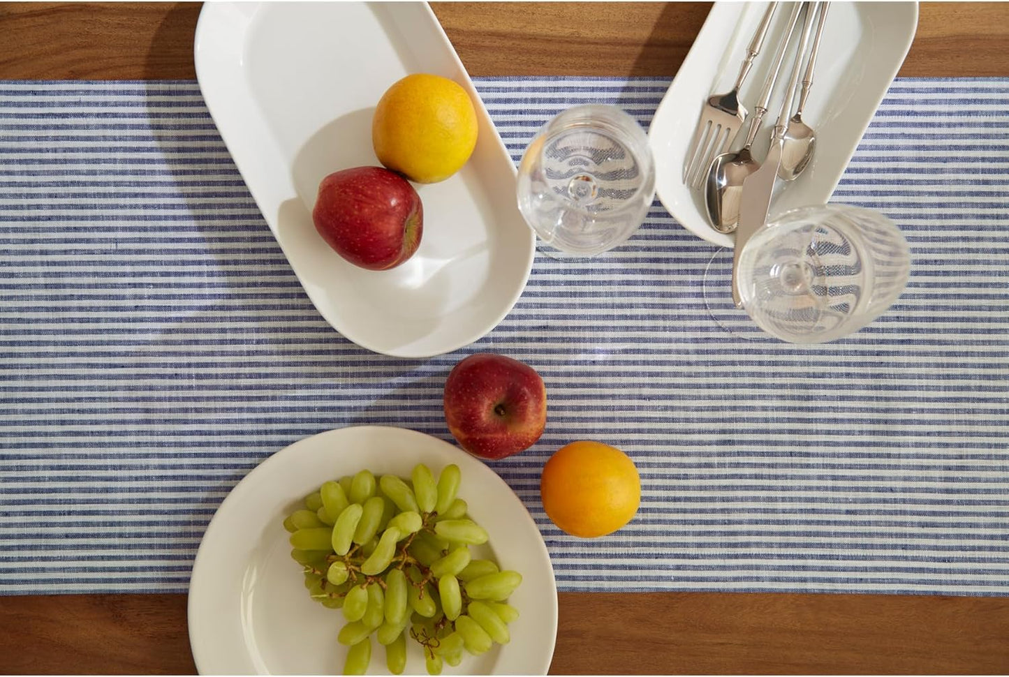 Solino Home Linen Table Runner 120 Inches Long - Narrow Stripe, 100% Pure Linen Navy and White Farmhouse Table Runner 14 x 120 Inch for Dining, Fall, Autumn, Thanksgiving, Christmas