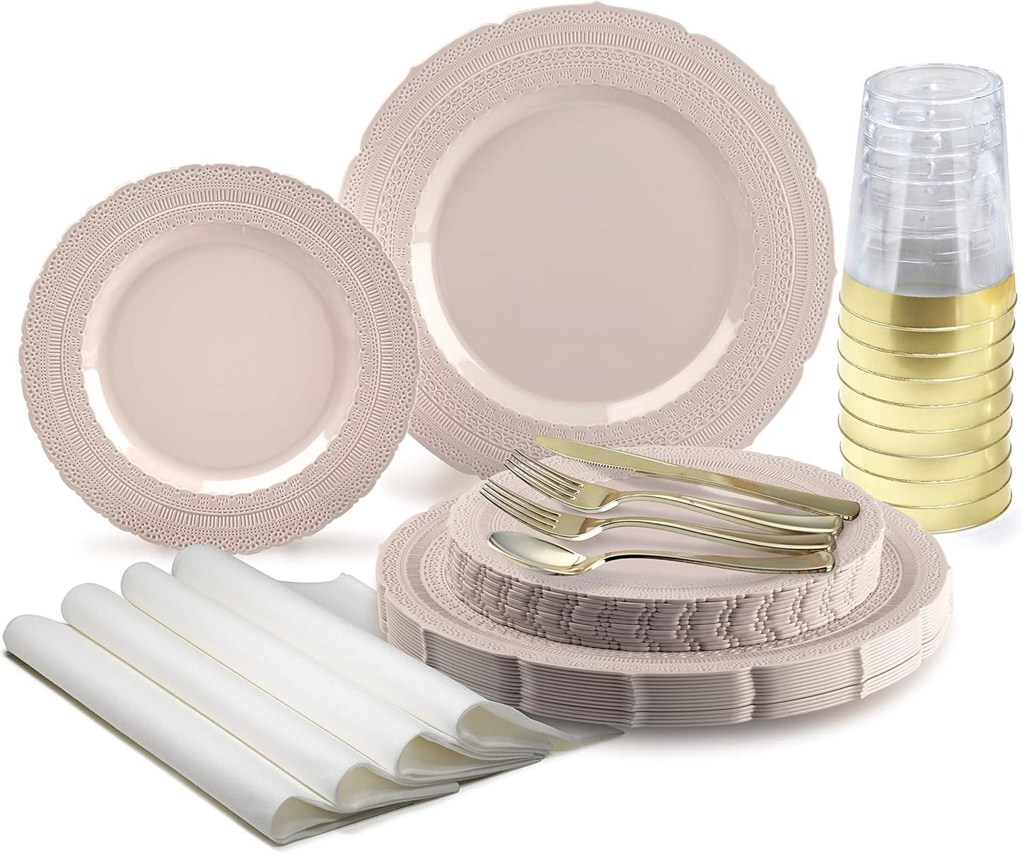 " OCCASIONS " 320pcs set (40 Guests)-Extra Heavyweight Vintage Wedding Disposable/Reusable Plastic Plates -40 x 11'' + 40 x 8.25''+Silverware+Cups+Napkins (Chateau in Pink Blush)
