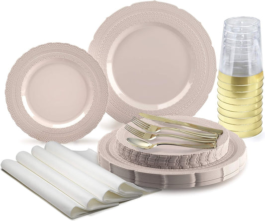 " OCCASIONS " 960pcs set (120 Guests)-Vintage Wedding Party Disposable Plastic Plates -120 x 11'' + 120 x 8.25''+Silverware+Gold rim Cups+Napkins (Chateau Pink Blush)