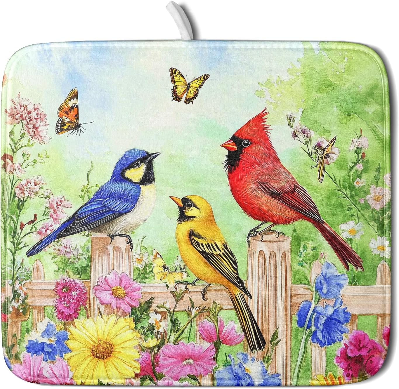 Spring Birds Dish Drying Mats 16x18 Inch,Colorful Flowers Butterfly Absorbent Microfiber Dishes Drainer Rack Mat Tableware Drying Pad for Kitchen Countertop Coffee Bar Sink Decor