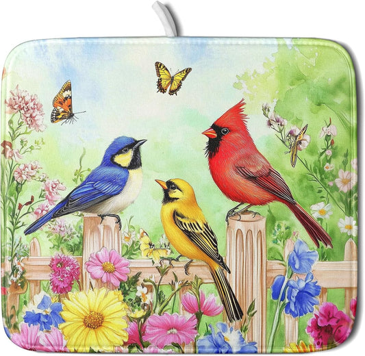 Spring Birds Dish Drying Mats 16x18 Inch,Colorful Flowers Butterfly Absorbent Microfiber Dishes Drainer Rack Mat Tableware Drying Pad for Kitchen Countertop Coffee Bar Sink Decor