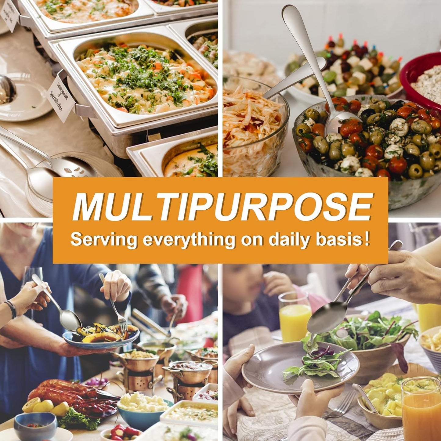 BEWOS 12-Piece Serving Spoons Set, 6 Serving Spoon and 6 Slotted Spoons, 9.1-Inch Utensils Set for Parties, Stainless Steel, Dishwasher Safe, Large Spoon For Buffet