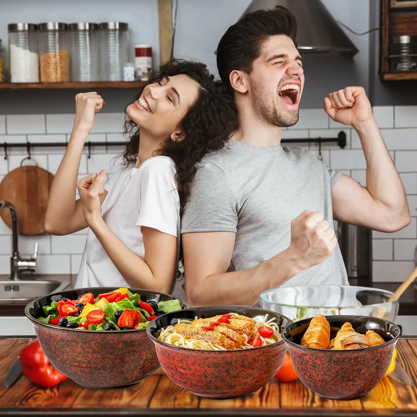 Hasense Mixing Bowls Set of 3, Procelain Serving Bowls Set for Cooking, Baking, Large Nesting Bowls for Salads, Fruit, 2.1/1.5/1.0 Qt, Dishwasher & Microwave Safe, Red