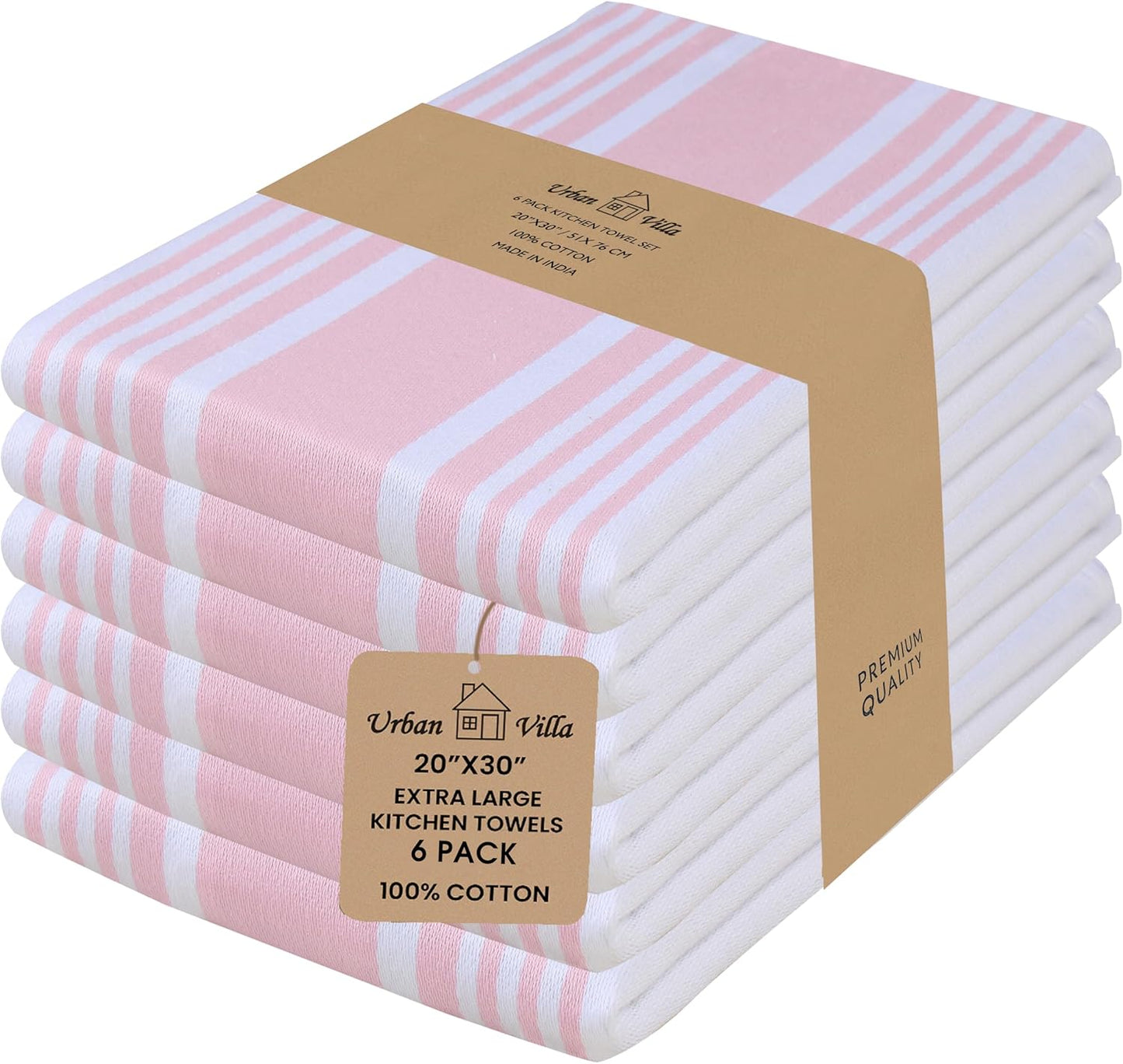 Urban Villa Kitchen Towels 100% Cotton Pack of 6, Highly Absorbent Quick Drying Super Soft Premium Dish Towels for Kitchen with Hanging Loop Hand & Tea Towels - 20x30 Inch, (Pink & White, Striped)