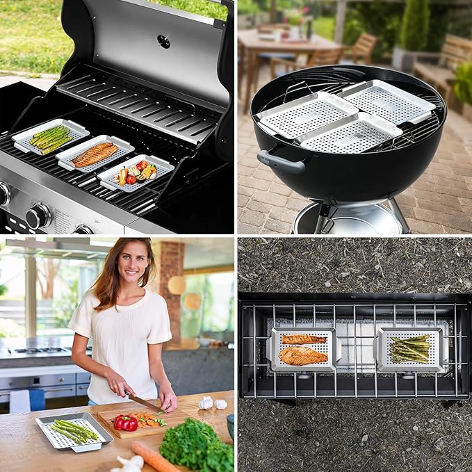 Onlyfire 3 Packs Rectangle Grill Baskets, Stainless Steel Vegetable Baskets, Mini Grilling Basket Set, Grill Pan for Outdoor Grill