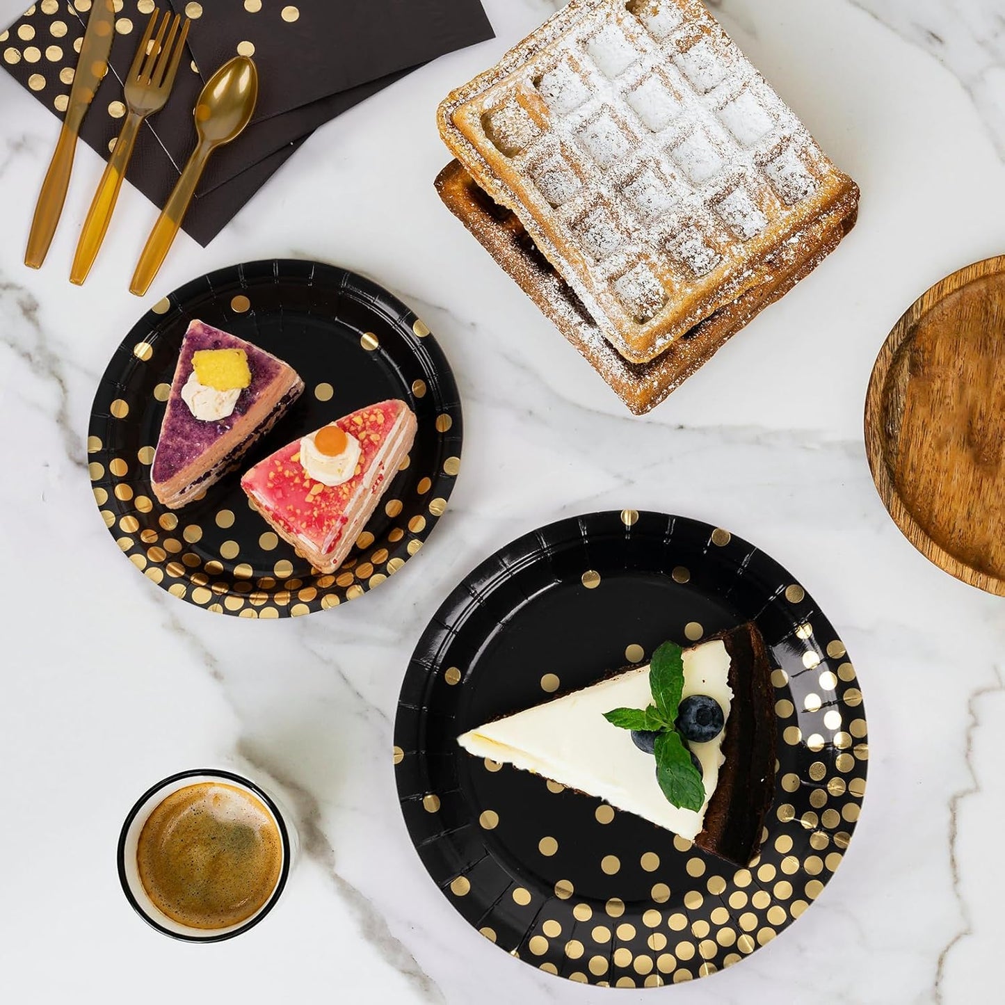 DECORLIFE 336PCS Black and Gold Disposable Dinnerware Set Serves 48, Black Paper Plates Napkins Cups, Gold Plastic Forks Spoons Knives for Graduation New Year Party Supplies