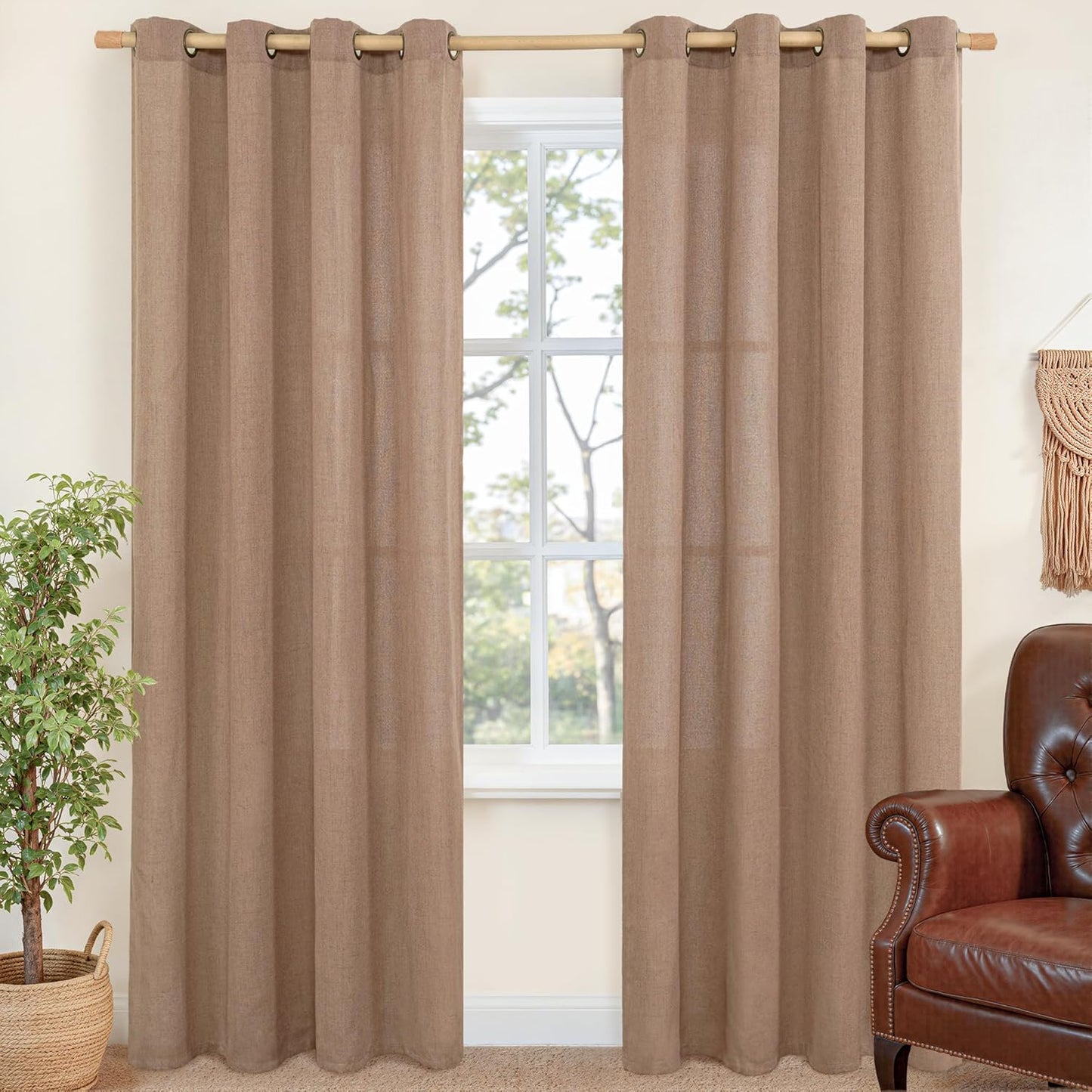 YoungsTex Linen Curtains 80 Inches Lengtht for Living Room, Mocha Light Filtering Semi Sheer Window Drapes with Bronze Gromme for Bedroom Dining Room, 2 Panels, 52 X 80 Inch