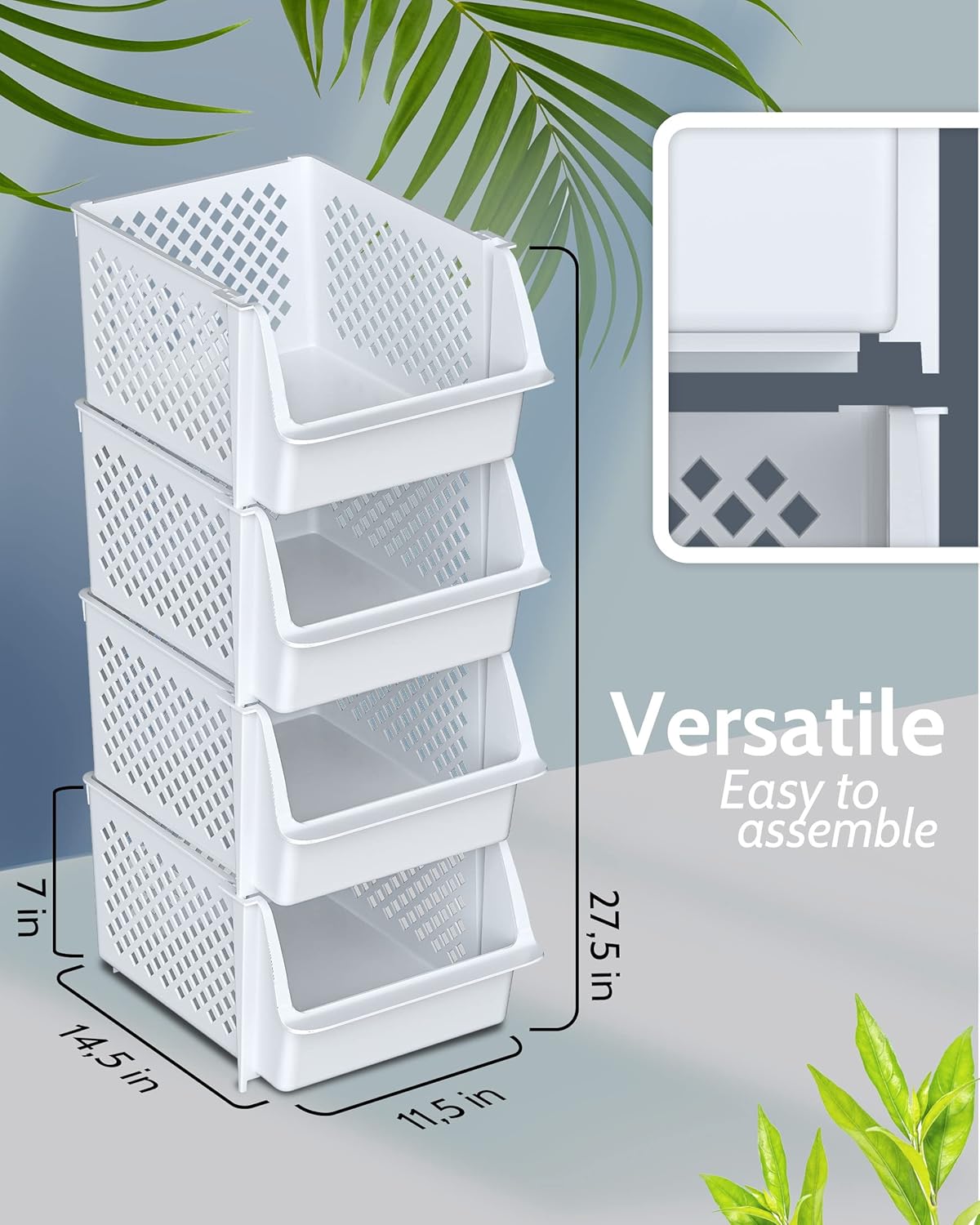 TidyFriend Stackable Storage Bins for Pantry, 4 Pack Stackable Bins For Organizing Food, Kitchen, and Bathroom Essentials (White)