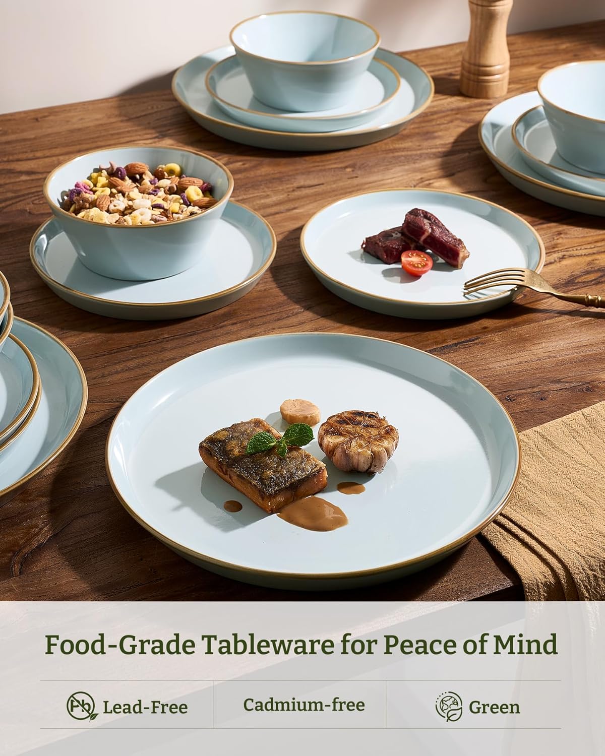 Famiware Saturn Dinnerware Sets, Plates and Bowls Sets for 4, 12 Pieces Stoneware Dish Set - Chip and Scratch Resistant, Microwave and Dishwasher Safe Tableware Set, Light Blue with Rim