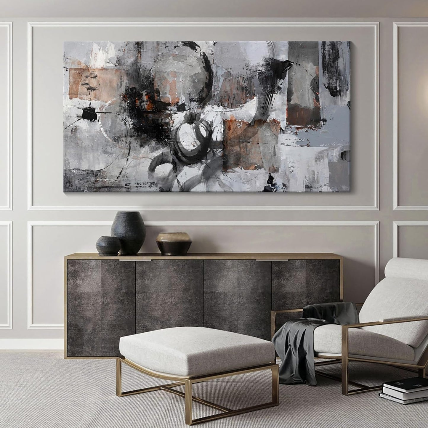 Pogusmavi Large Abstract Canvas Wall Art - Black & Grey, 29x58in, Framed, Modern Decor for Living Room & Bedroom
