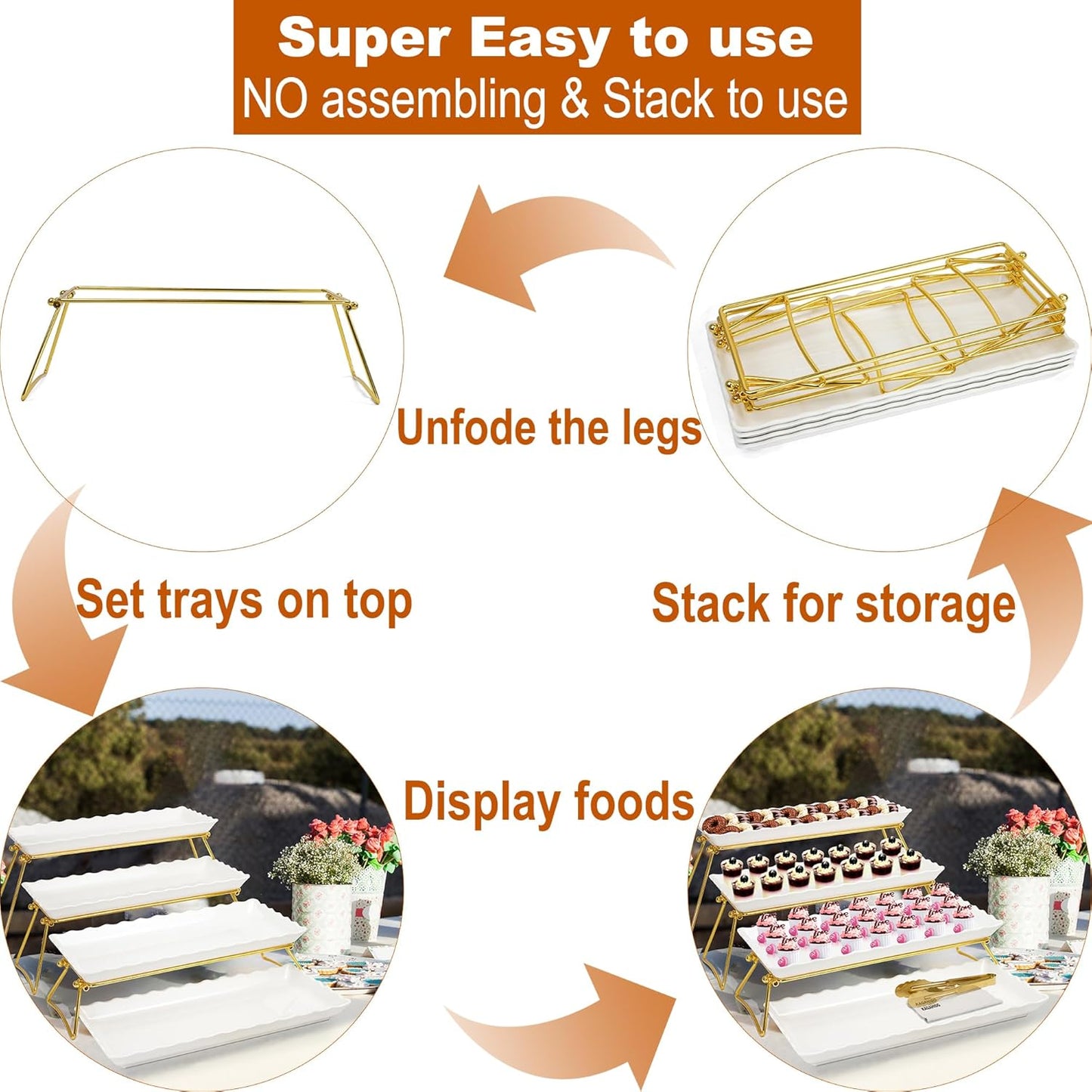 KAQAHIDO Extra Large 4 Tier Serving Tray Set, 34x22x10 inch Wave Edge Melamine Dessert Table Display Set, Tiered Trays Stand for Party Buffet Entertaining, Gold and White