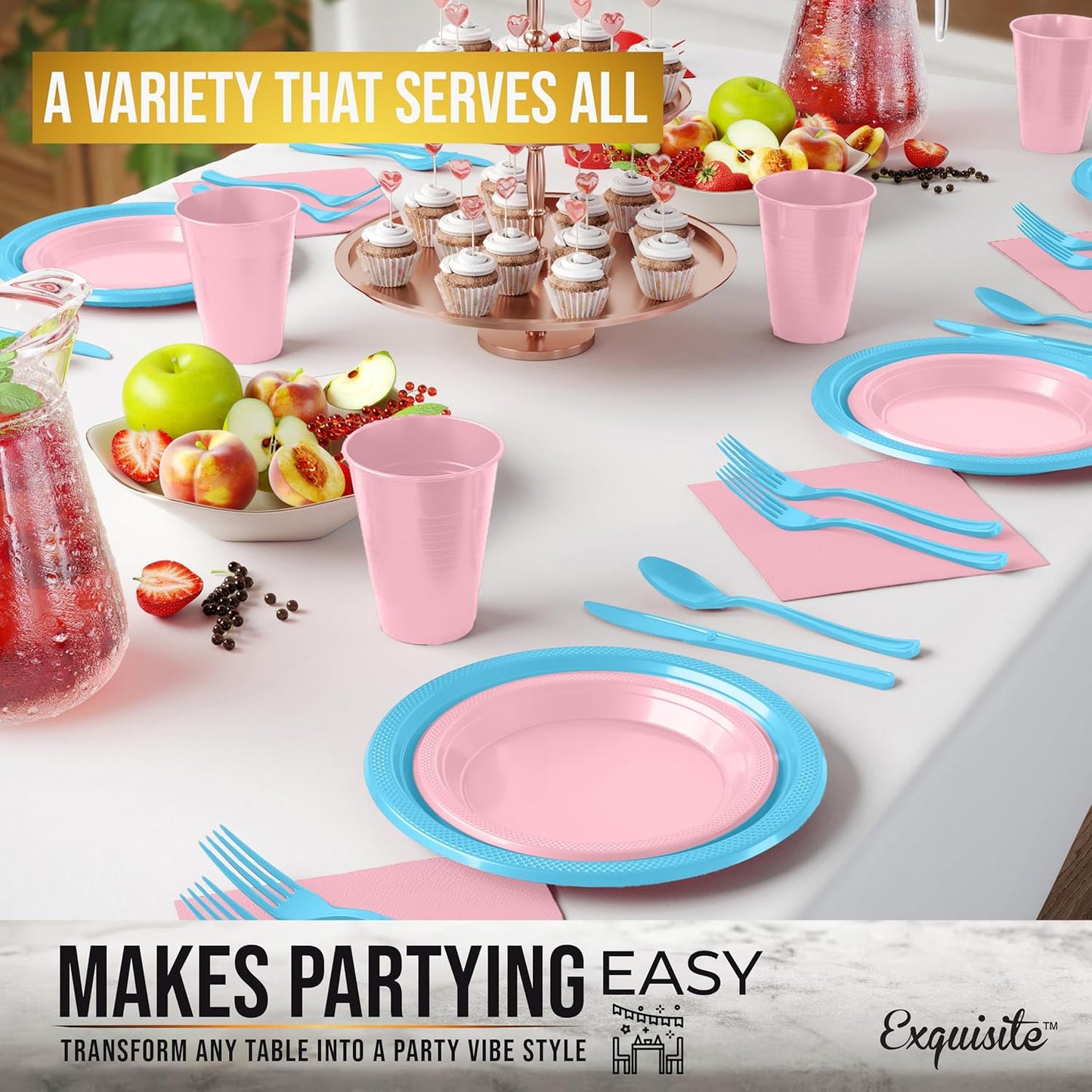 Party Solids 350 Pieces Gender Reveal Plastic Plates For Party, Gender Reveal Disposable Plates Set, 50 Of Each 9" Dinner Plate Set, 7" Dessert Plate, Cups, Napkins & Cutlery Plastic Dinnerware