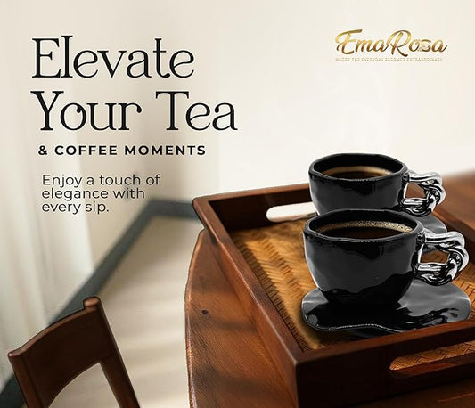 EmaRosa Ceramic Tea Cup Set with Silver Handle – Black Faceted Teacup and Saucer Set of 4 – Elegant Mugs Set of 4 for Coffee or Tea – Luxury Gift Box