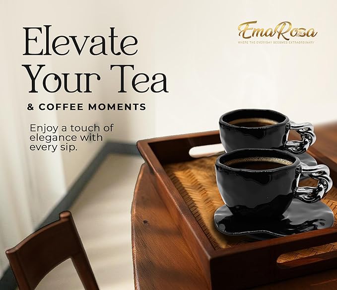 EmaRosa Ceramic Tea Cup Set with Silver Handle – Black Faceted Teacup and Saucer Set of 4 – Elegant Mugs Set of 4 for Coffee or Tea – Luxury Gift Box