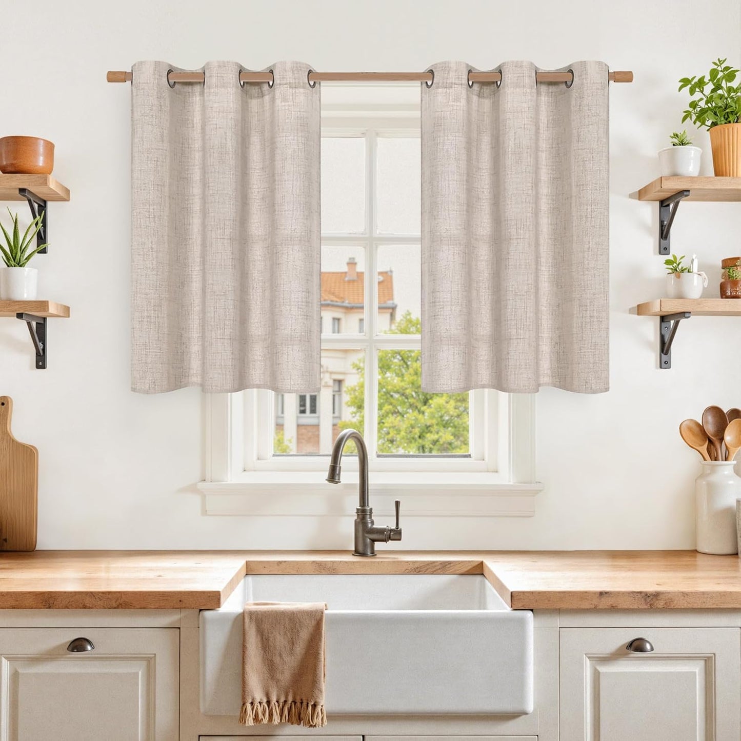 YoungsTex Linen Curtains 30 Inch Long with Grommet for Kitchen Cafe Window, Short Drapes Light Filtering Rustic Style for Bathroom Small Window, 42 X 30 Inch, 2 Panels
