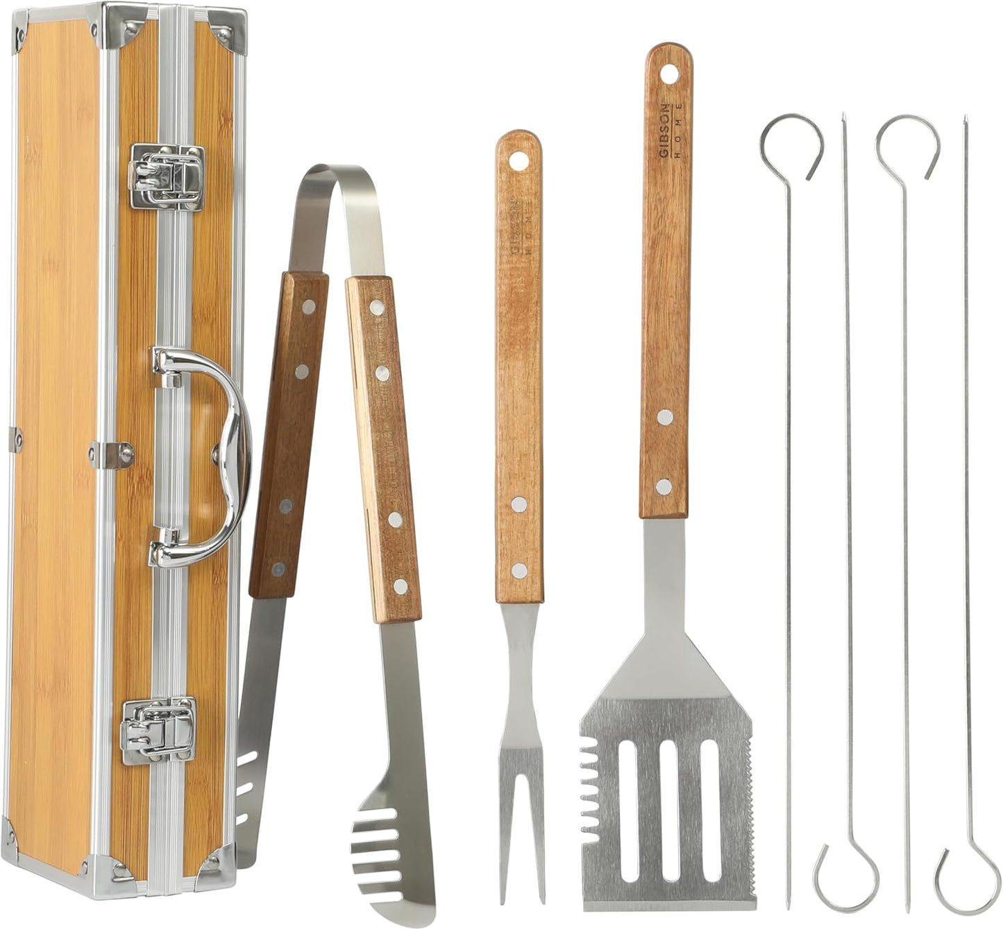 Gibson Home Barbeque Pro 8-Piece BBQ Tool Set with Acacia Wood Handles and Aluminum Storage Case – Grill Accessories Kit