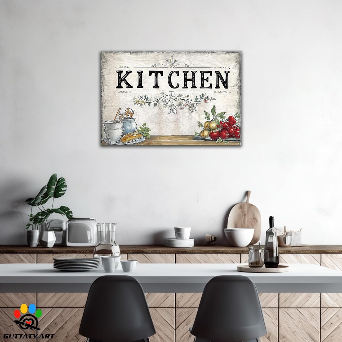 GUTTATY Farmhouse Wall Art Rustic Kitchen Decor, Ready to Hang Kitchen Canvas Print Spoon And Tomato Retro Posters Prints for Dinning Room Home Kitchen Restaurant Painting 24×36 Inch