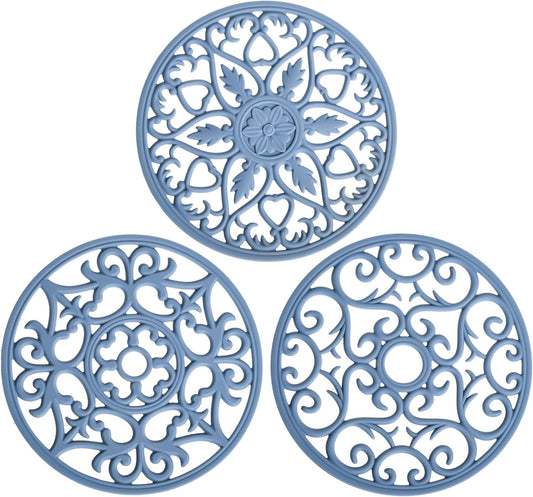 Smitchraft Silicone Trivets for Hot Dishes, Pots & Pans, Non-Stick Hot Pads Kitchen Quartz Countertops, Silicone Pot Holders Mats, Multi-use Carved Heat Resistant Mats for Counter & Table, Set 3 Blue