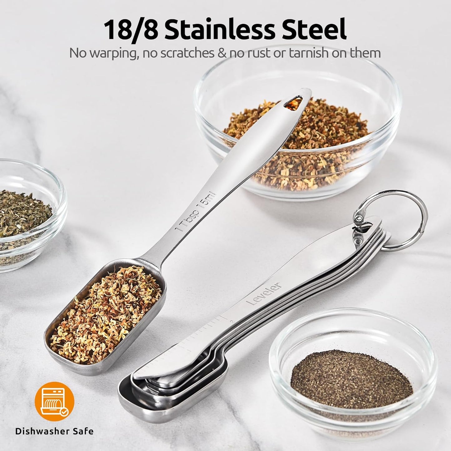 U-Taste Narrow Square Measuring Spoons: 18/8 Stainless Steel Kitchen Measure Teaspoon Tablespoon with Leveler, Polygon Rectangular Metal Jar Scoop for Baking Cooking, Coffee, Spice, Powder (Set of 8)